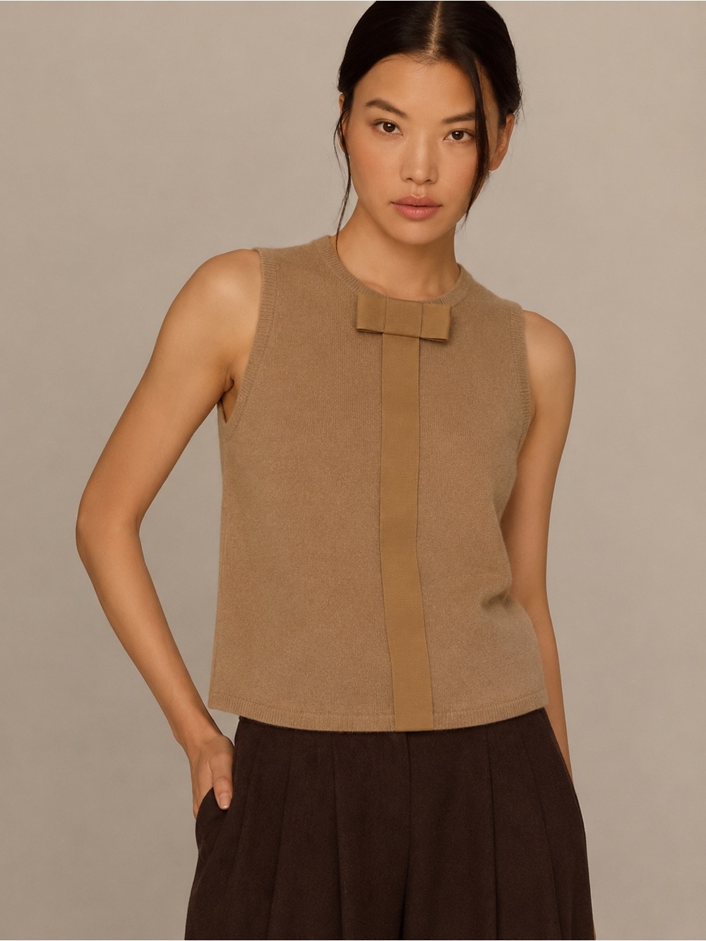 Holt Renfrew Sleeveless Camel Bow-Trim Knit Top 100% Cashmere